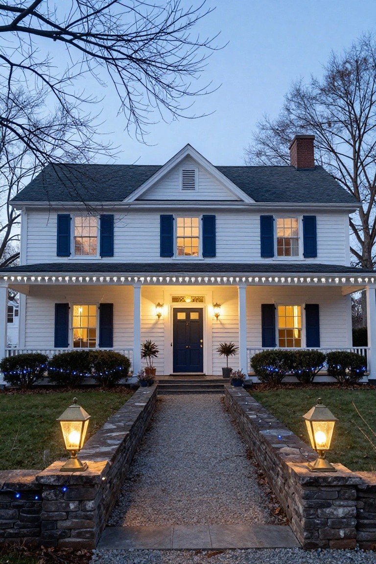 White clapboard house with blue shutters, gabled roof, and porch decorated with dangling white icicle Christmas lights along the roofline and blue lights in shrubs, flanked by lanterns and a stone pathway at twilight.