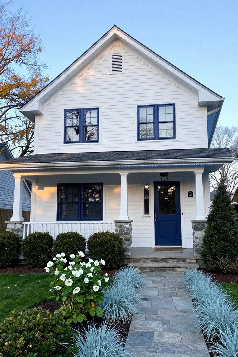 Two-story white clapboard house with navy blue window frames and front door, covered porch with white columns and stone pillars, leading to a slate stone path flanked by blue fescue grass and white flowering shrubs.