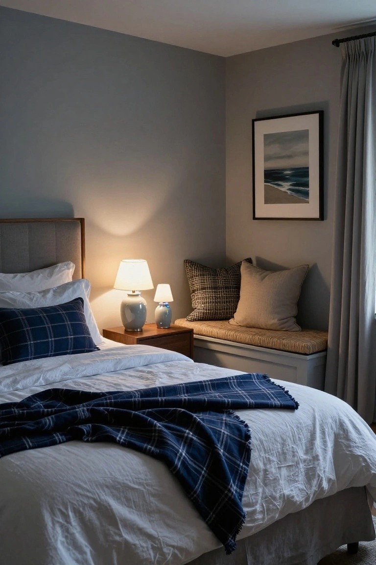 Bedroom corner with wood headboard and frame, white duvet and sheets topped by navy plaid throw and pillow, bedside table holding two ceramic lamps, patterned pillows on bed, beige bench by window with gray curtains, and framed seascape painting on gray wall.