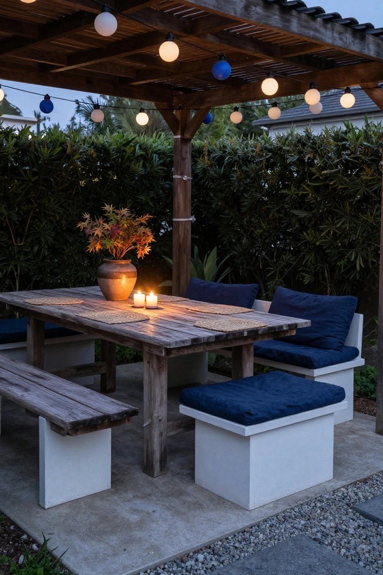 Wooden pergola strung with white and blue globe lights over a rustic wooden dining table with benches, navy cushions, candles, and a vase of autumn flowers, surrounded by hedges at dusk.