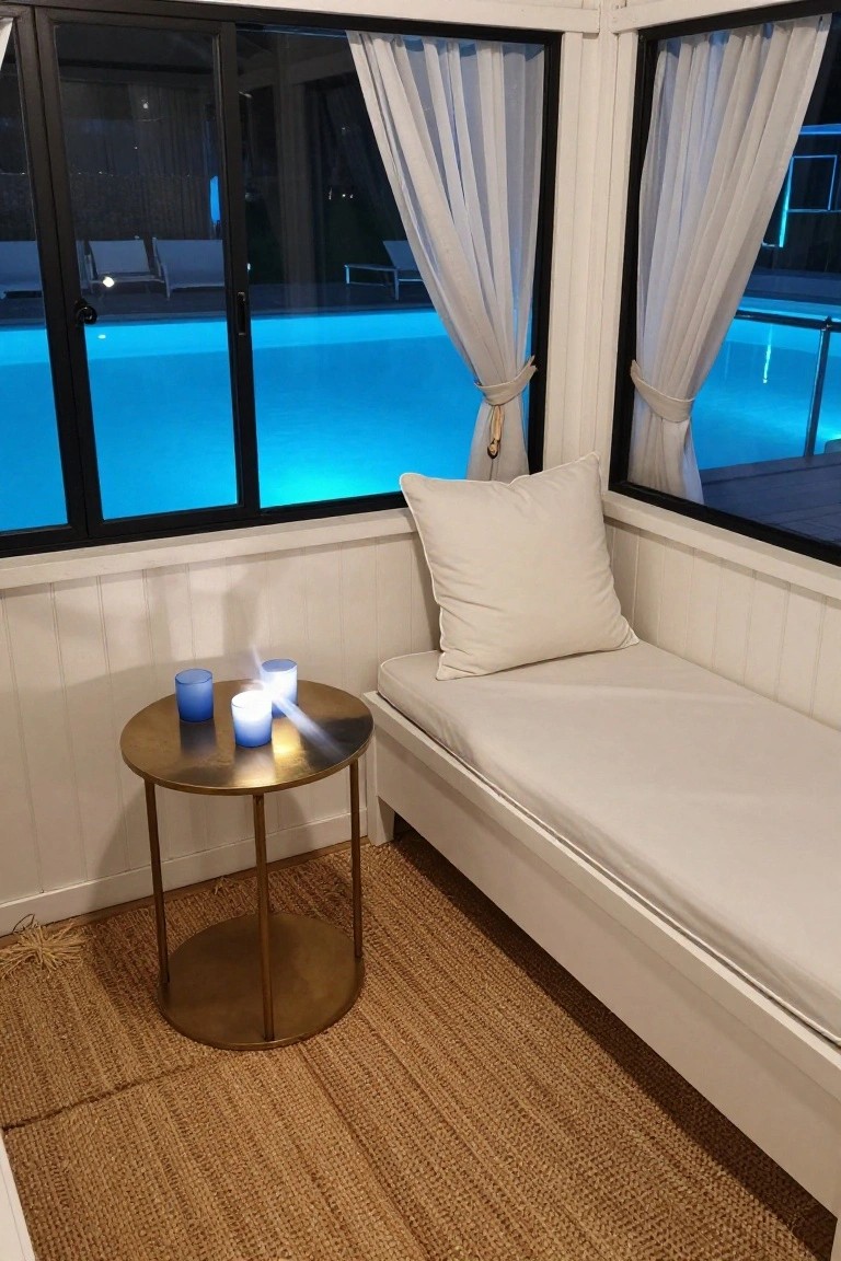 White wood-paneled cabana interior with cushioned daybed, brass table holding lit blue candles, seagrass rug, sheer curtains, and large windows showing glowing blue pool and lounge chairs at night.