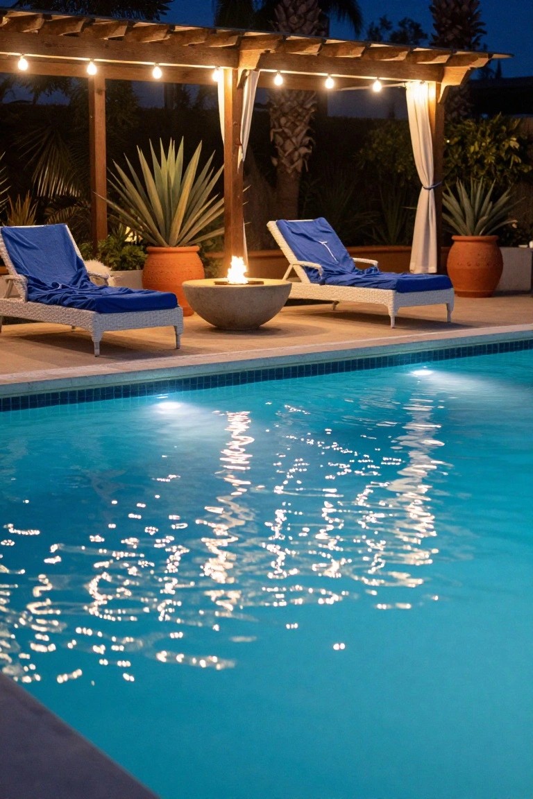Wooden pergola with white string lights over blue lounge chairs and a stone fire pit on a patio next to a lit blue swimming pool, surrounded by potted plants at dusk.