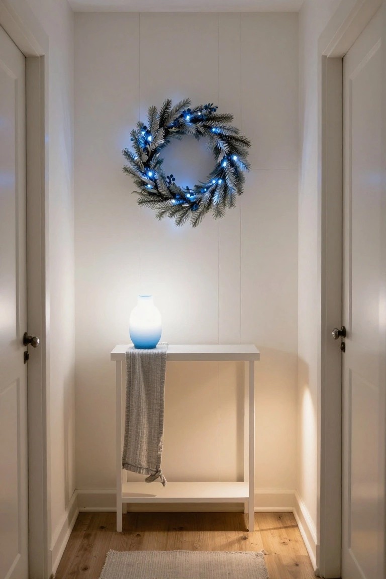 Narrow white-paneled hallway with closed doors on each side, a white console table topped with a glowing blue vase lamp and draped gray towel, and a blue-lit evergreen wreath hanging on the wall above the table.