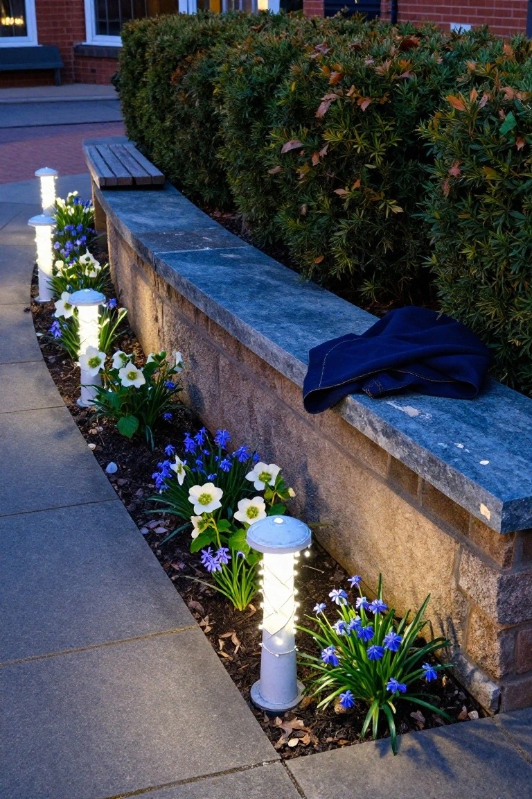 Curved paved pathway at dusk edged with soil beds of blue hyacinths and white daffodils, illuminated by glowing white cylindrical bollard lights, next to a stone retaining wall with a wooden bench, hedges, and brick building.