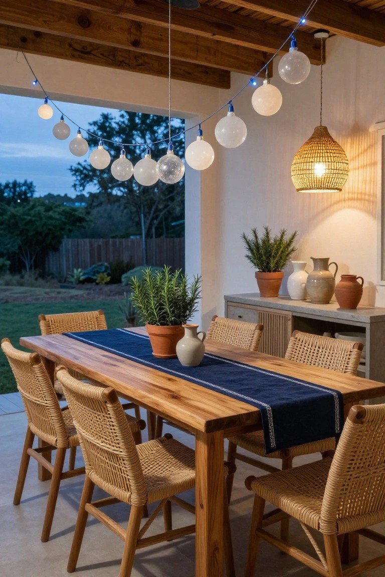 Covered outdoor patio at dusk with wooden dining table, rattan chairs, potted herbs and plants on a sideboard, white bubble string lights with blue LEDs hanging from the ceiling, and a garden view beyond.