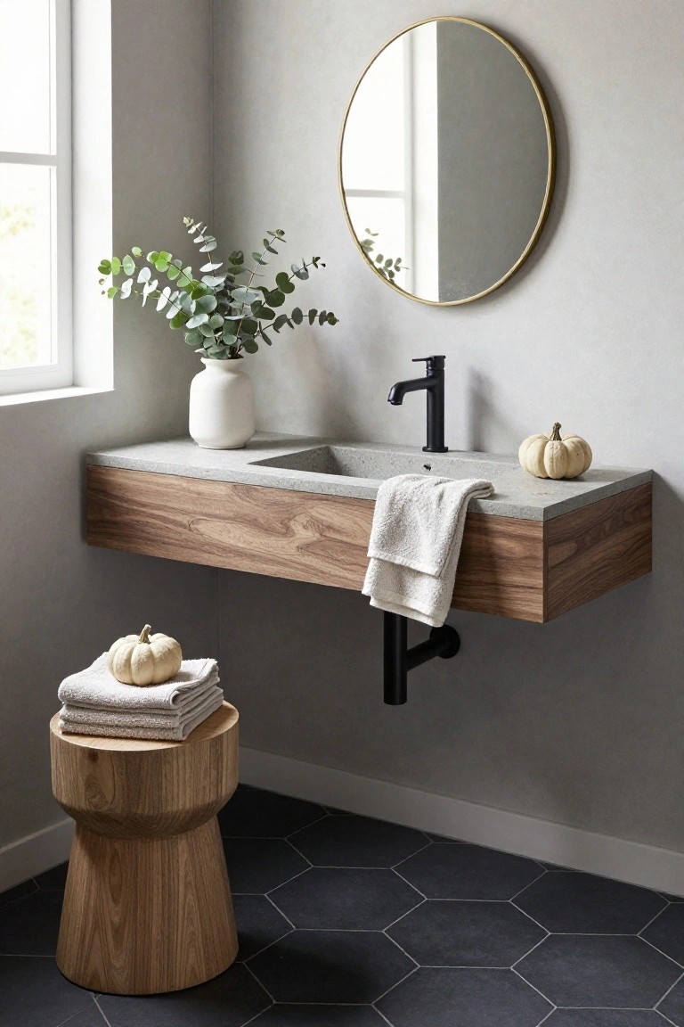 Tall wooden open shelving unit with multiple shelves holding amber glass apothecary-style bottles of various sizes, stacked books, small dark green pumpkins, woven baskets, a dark flower in a ceramic vase, and framed botanical art against a white wall.