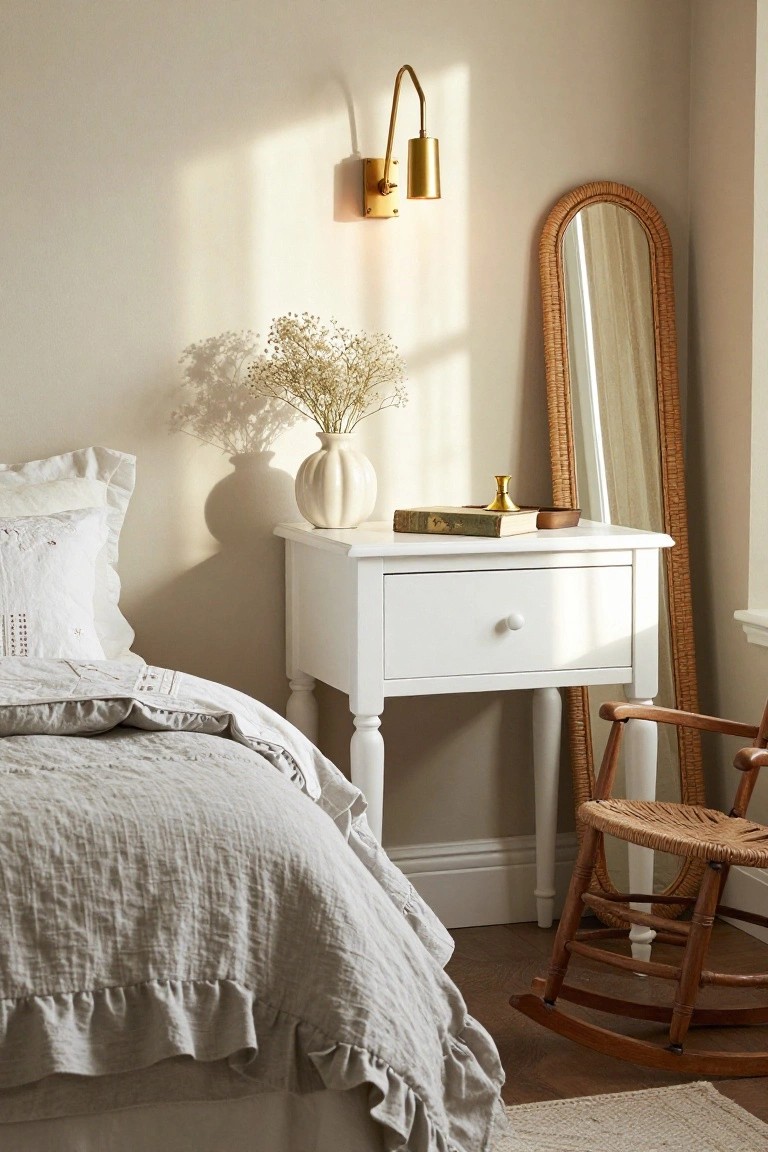 Bedroom with rattan headboard, neutral linens and rust-colored throw on the bed, wooden bedside table holding black jug of assorted dried flowers, brass lamp, stacked books, and metal bowl of walnuts, skylight in sloped ceiling above.