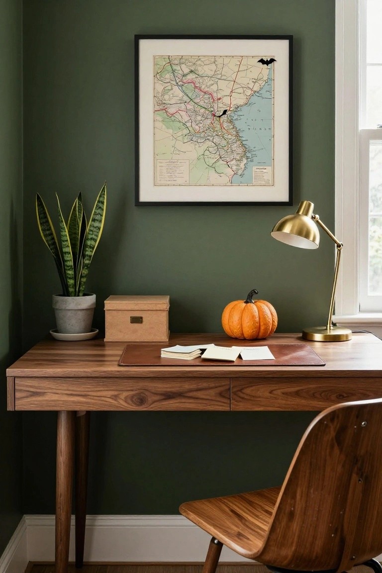 Wood-paneled study with walnut desk holding a black pumpkin, leather mat, keyboard, and lamp base; leather chair nearby; bookshelves with books, ceramics, globe, adjustable black lamp, and framed black-and-white moon photo.