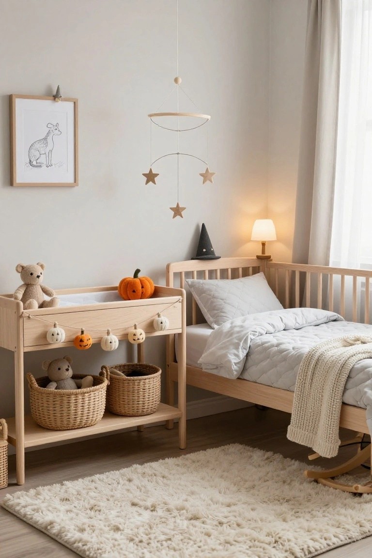 Wooden dresser in a beige room with large black-framed mirror reflecting tiered white pumpkins, gray pumpkins, moss, berries, white skull, candles, glass jars, and chocolates on a tray.