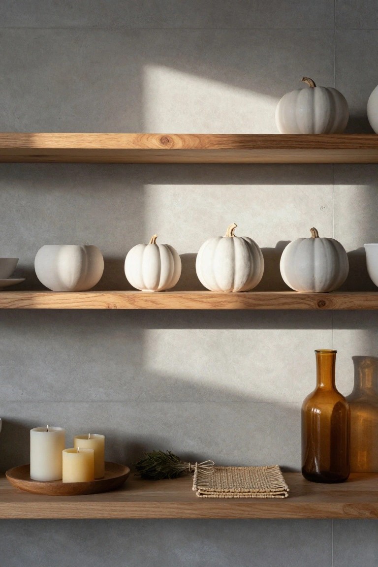 Gray upholstered armchair with plaid throw beside window seat holding small pumpkins, pillows, and books; black side table with stacked books and lit candle; floor lamp and moon phase wall art in warmly lit room corner.