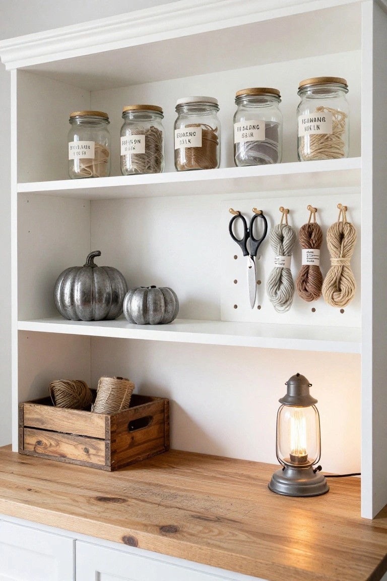 Wooden counter with three gourd-shaped ceramic vases in black and white, a copper mug holding a cinnamon stick, folded linen napkins, and a potted herb plant near a window with stools underneath.