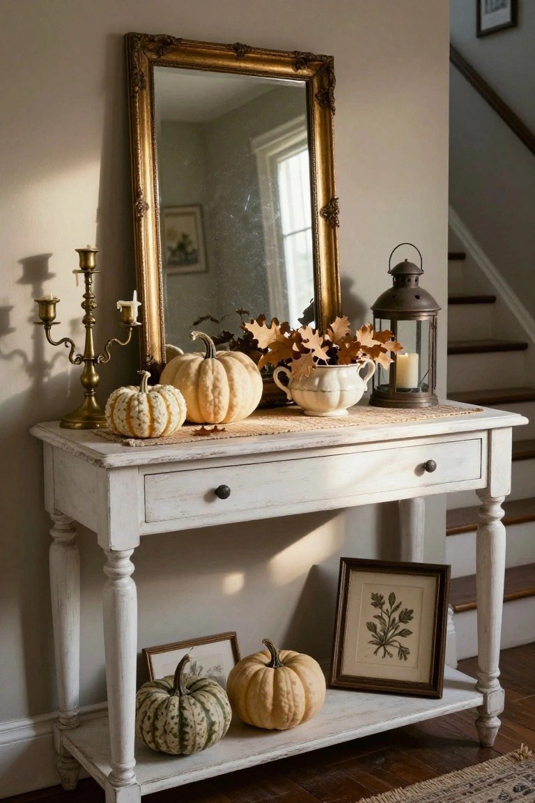 Wooden interior staircase with white and light gray pumpkins placed on steps and a bench, a lit black metal lantern, fall leaf and black orb garlands on the railing, family photos in frames on the wall, and woven baskets at the base.