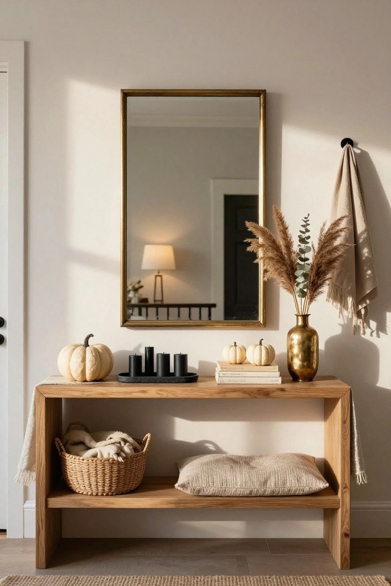 Wooden console table in a light hallway holding pumpkins, a basket of chestnuts, black candlesticks, a small white bowl, and dried hydrangeas in a terracotta vase, with a gold mirror above and two more pumpkins on the floor.