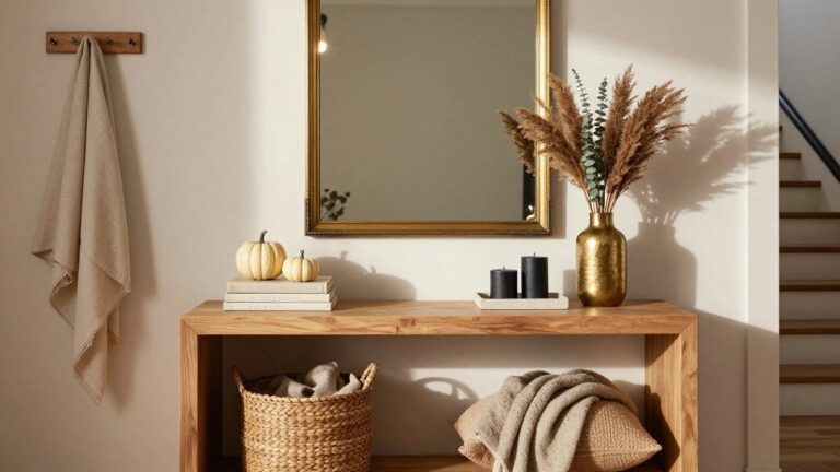 Wooden console table in a light hallway holding pumpkins, a basket of chestnuts, black candlesticks, a small white bowl, and dried hydrangeas in a terracotta vase, with a gold mirror above and two more pumpkins on the floor.