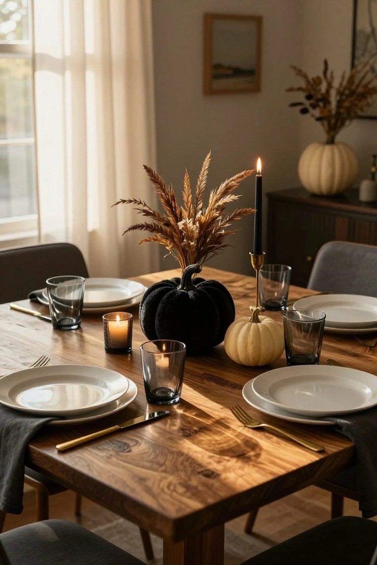 Dark green painted fireplace mantel topped with three black pumpkins, a brass candelabra with lit black candles, a glass vase of dried black flowers and eucalyptus, and stacked antique books with a white bust sculpture on top, plus a single lit candle in the hearth and an arched mirror above.