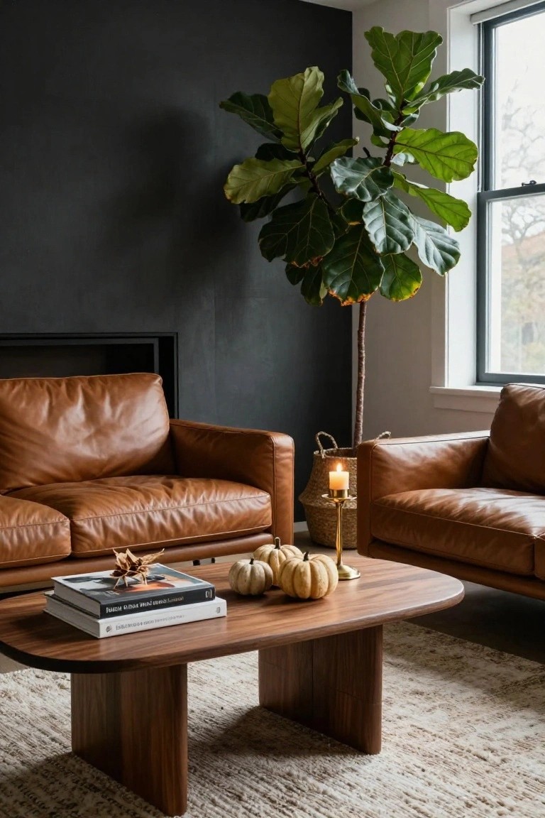 Sage green paneled wall in a small interior entryway with wooden bench topped by brown leather cushion and wicker basket of pinecones and small pumpkin, wall shelf holding jars, hanging wool jacket and straw hat, black metal lantern on floor, and brown leather shoes underneath.
