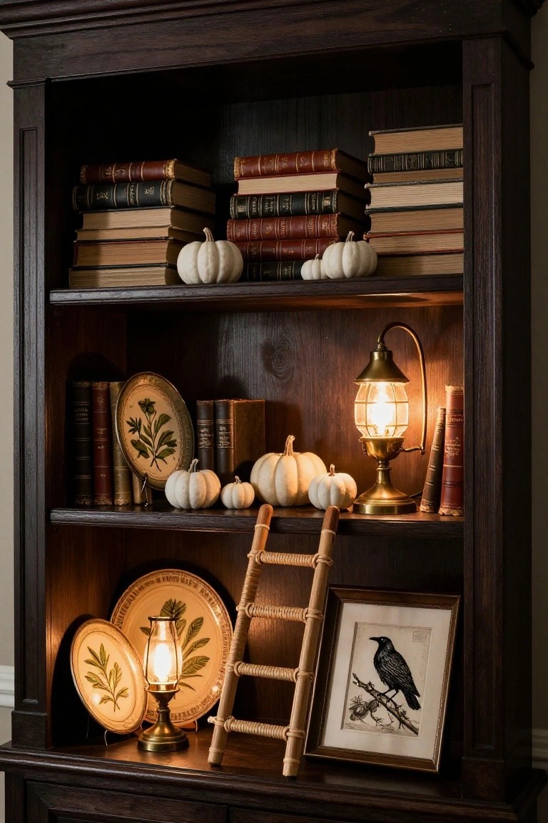 Navy blue kitchen cabinets with open shelves holding rows of clear wine glasses, marble countertop featuring a black pumpkin, white vase with dried grasses, gold ice bucket, and backsplash mirror.