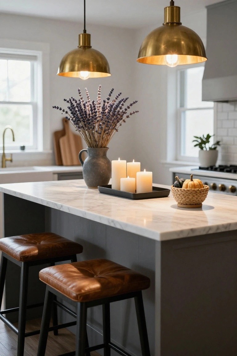 Indoor corner with beige linen bench around a round marble table holding a gold candlestick with lit white candle and a single brown leaf, white pumpkin on terracotta pot on shelf beside multicolored leaf and black berry wreath on white wall, rattan pendant lamp overhead, window with fall view.