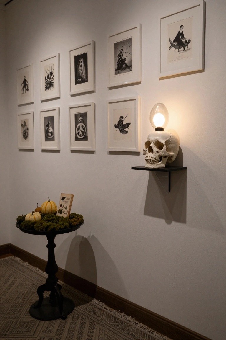 Gray nursery room featuring a white crib with beige bedding, a white bookshelf with children's books and plush fox and pumpkin toys, a basket of pumpkins on the floor, and a garland of white felt moons and orange felt pumpkins hanging on the wall near two windows.