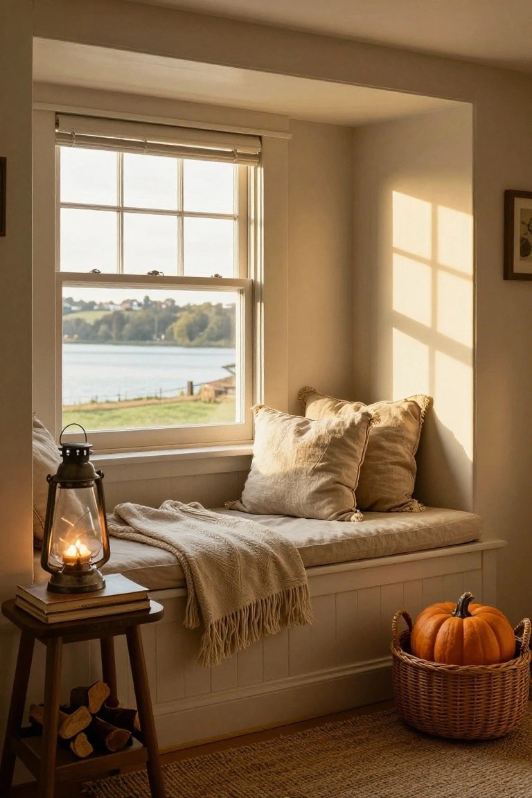 Wooden walk-in closet with hanging clothes on gold rods, round gold-framed mirror on wall, shelves holding boxes, faux skull and velvet pumpkin on tray, plaid blanket on gray ottoman, and shoes below.