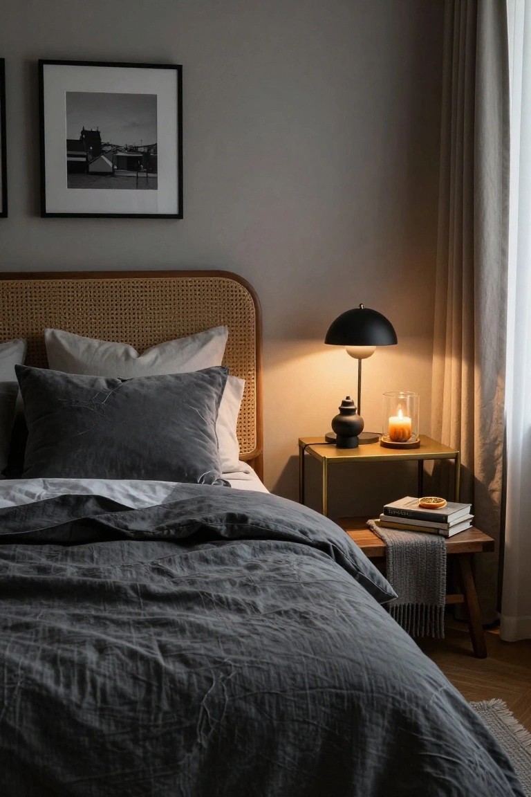 A bedroom with low walnut platform bed, purple velvet tufted headboard, beige linen bedding, walnut nightstand with black globe lamp, two black-framed leaf prints on white walls, and small white pumpkins on a colorful patchwork quilt atop a jute rug.