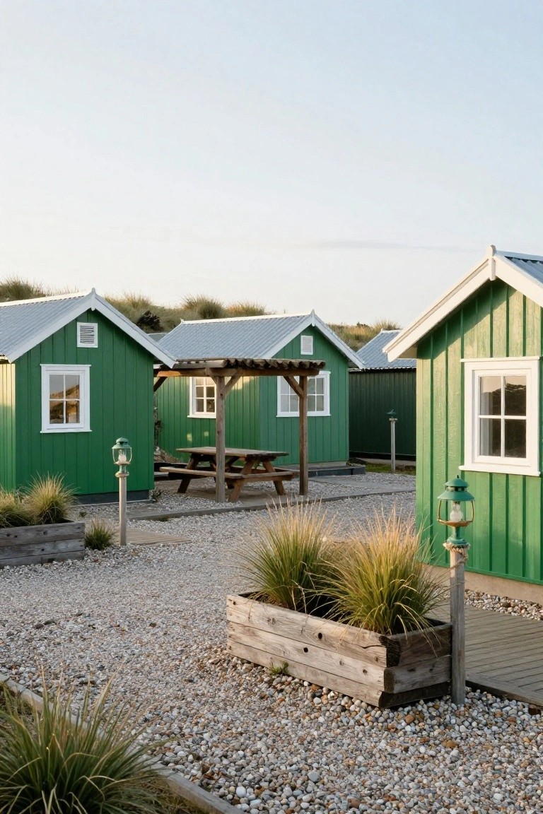 Cluster of small emerald green wooden cabins with gabled metal roofs, white-trimmed windows, board-and-batten siding, a pergola-covered picnic table, gravel paths, grass plantings, and green lanterns in a coastal setting.