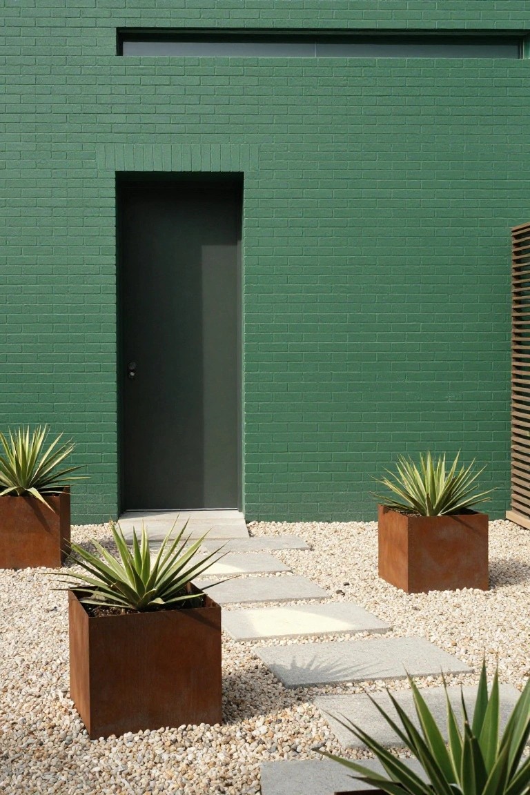 Emerald green brick wall of a modern house with a recessed dark green entry door, stone pathway on gravel ground, and corten steel planters holding agave plants.