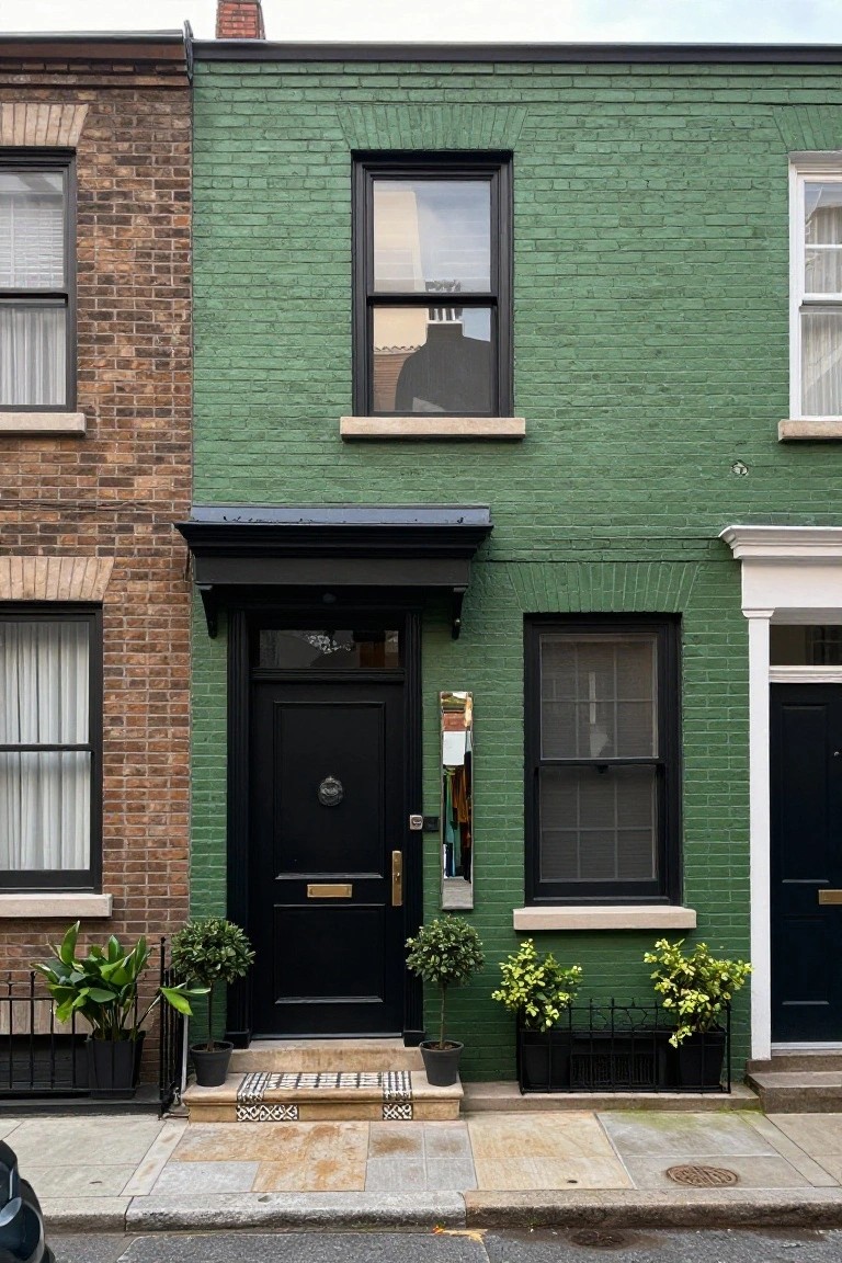 Emerald green painted brick terraced house with black front door, windows, and trim flanked by brown brick neighbors, potted plants on the steps, and a tiled entryway on a city sidewalk.