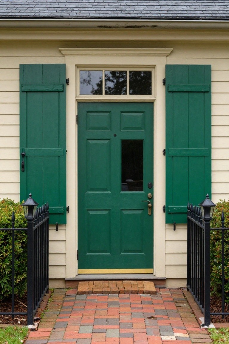 Cream clapboard house with emerald green front door, matching shutters, transom window above door, black iron fences on sides, brick pathway leading to entry, and small shrubs.