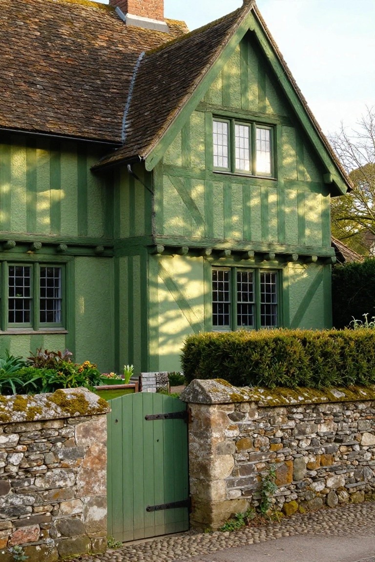 Green half-timbered house with leaded windows, surrounded by hedges and plants, next to a green wooden gate in a mossy stone wall along a gravel path.