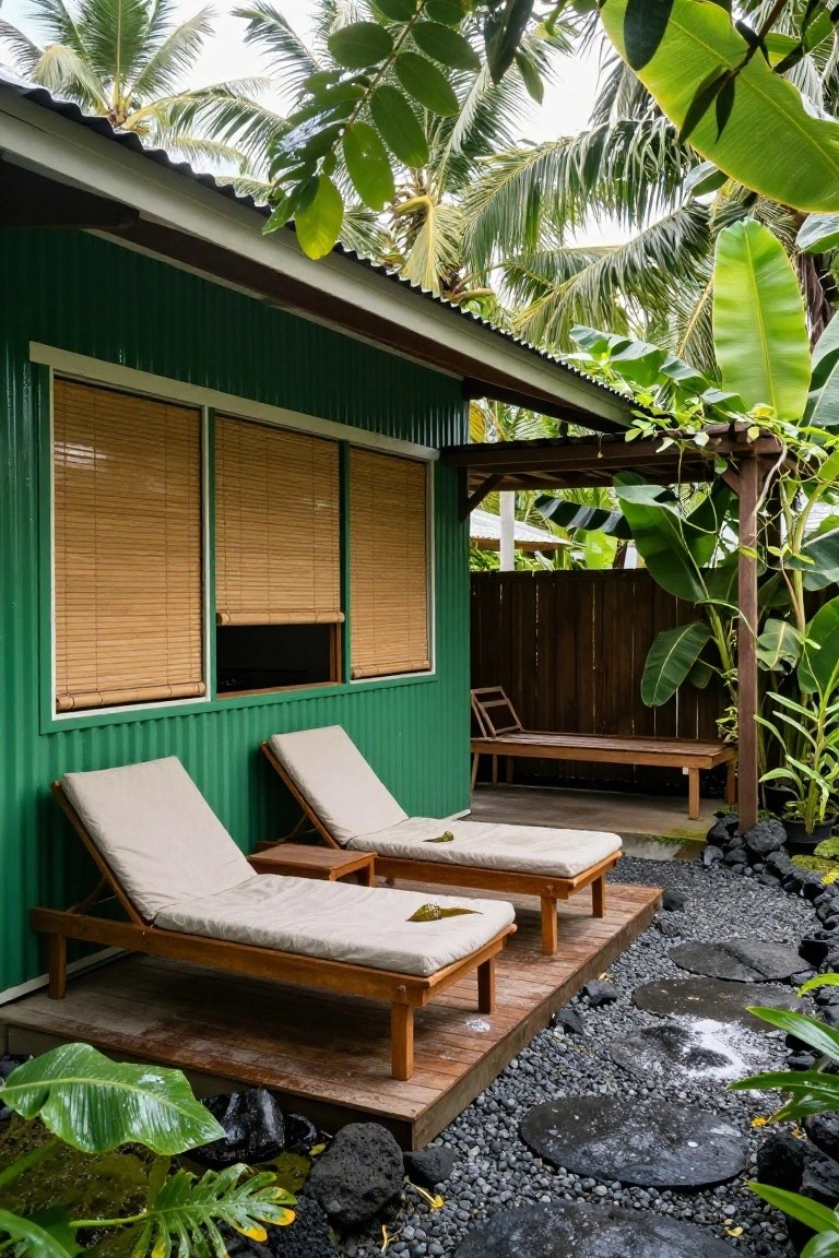 Emerald green corrugated metal house with bamboo roller shades on three windows, wooden deck holding two cushioned lounge chairs and side tables, surrounded by tropical plants, black lava rocks, and stepping stones.