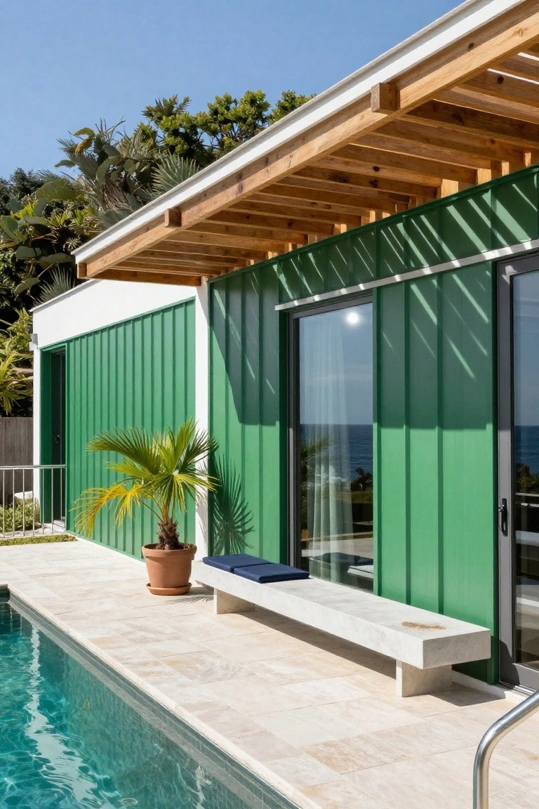 Side view of a modern house with emerald green corrugated metal siding on lower walls, white upper section, wooden pergola roofline, large glass sliding doors, beside an infinity-edge pool on a stone deck with ocean view.