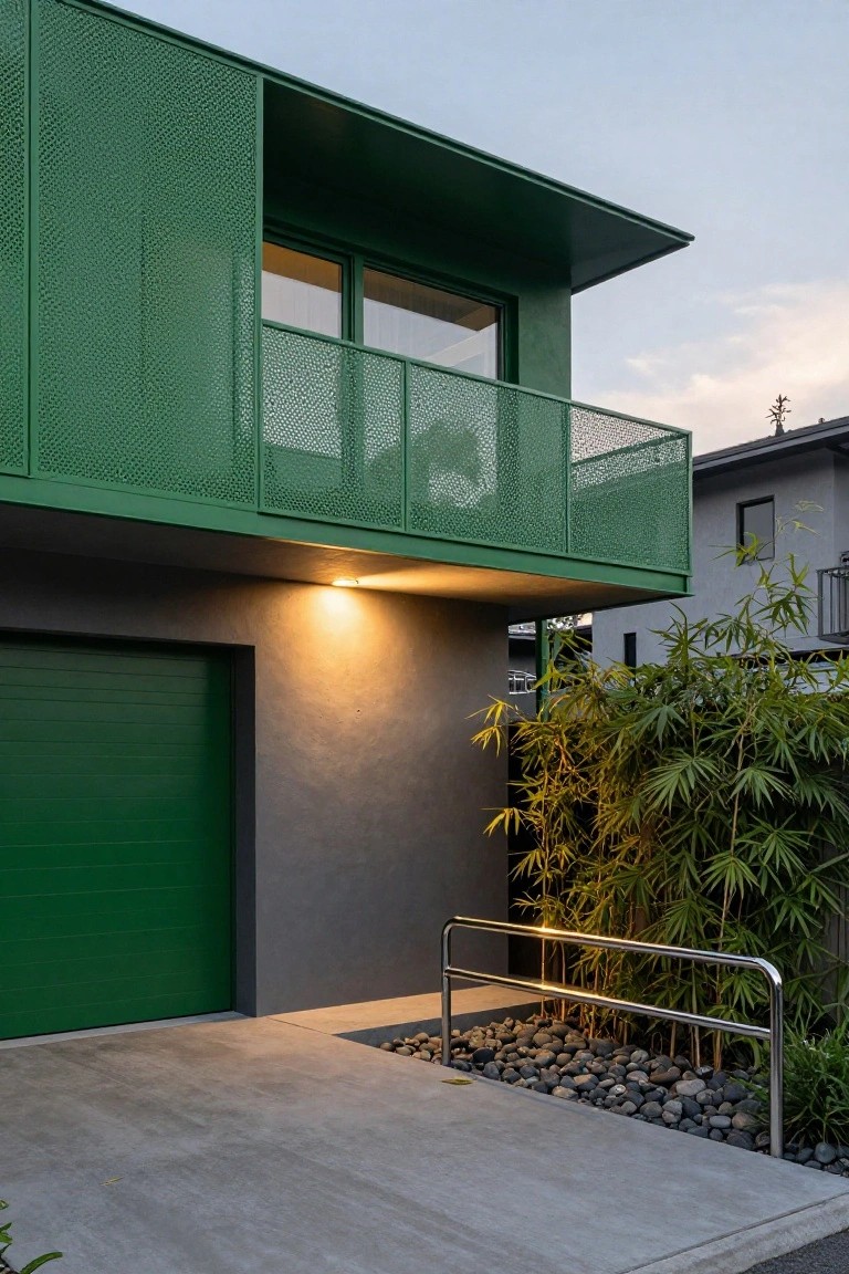 Modern two-story house exterior with emerald green perforated metal panels on upper walls and balcony railing, green garage door, gray stucco base, bamboo plants, and concrete driveway with rock bed.