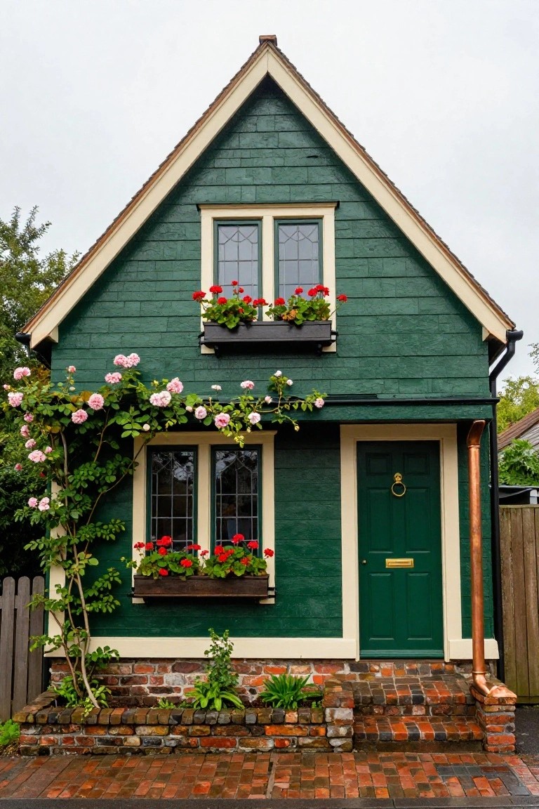 Small two-story house with dark green shingle siding, cream trim, gabled roof, flower boxes with red geraniums on windows, climbing pink roses on one side, green front door with brass knocker and letterbox, brick steps and foundation, picket fence, and potted plants.