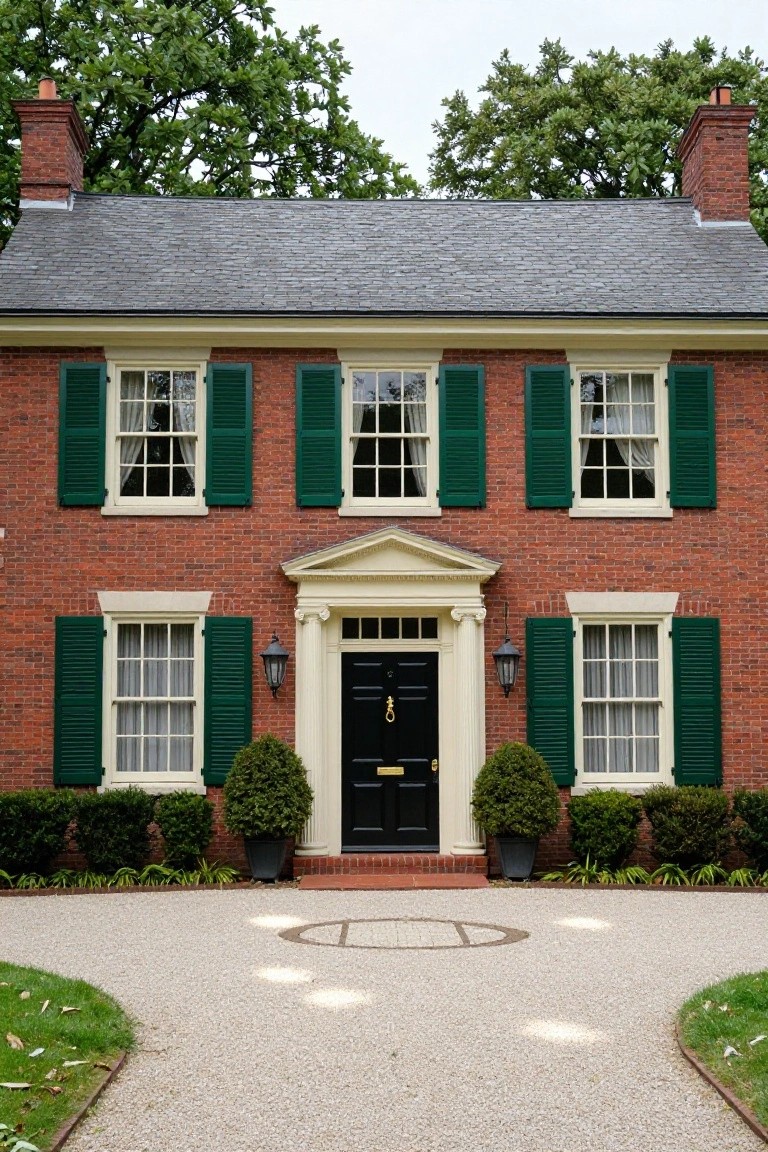 Two-story red brick house with emerald green louvered shutters on multipane windows, white trim, black front door with brass hardware, symmetric entry portico with columns, flanked by boxwood shrubs, gravel driveway with circular stone pattern.