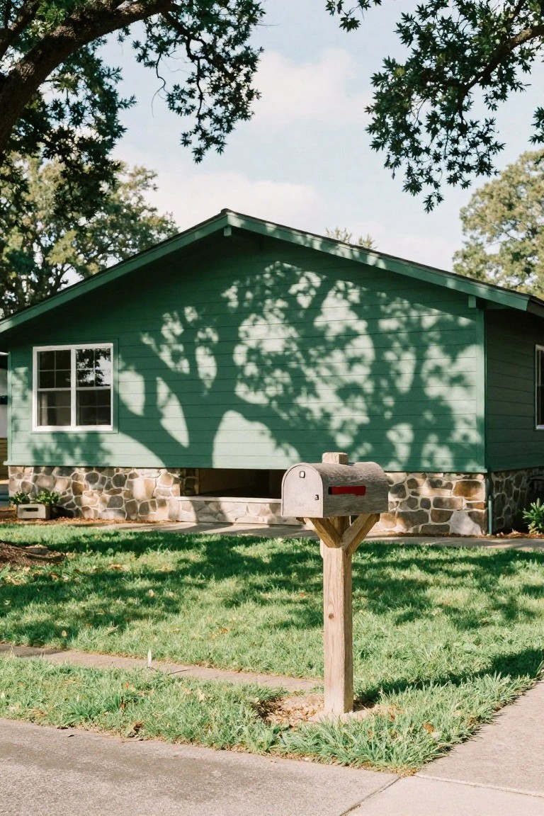 A single-story house with green horizontal siding, stone foundation, large oak tree branches casting shadows on the facade, wooden mailbox post with red flag, green lawn, and concrete driveway.