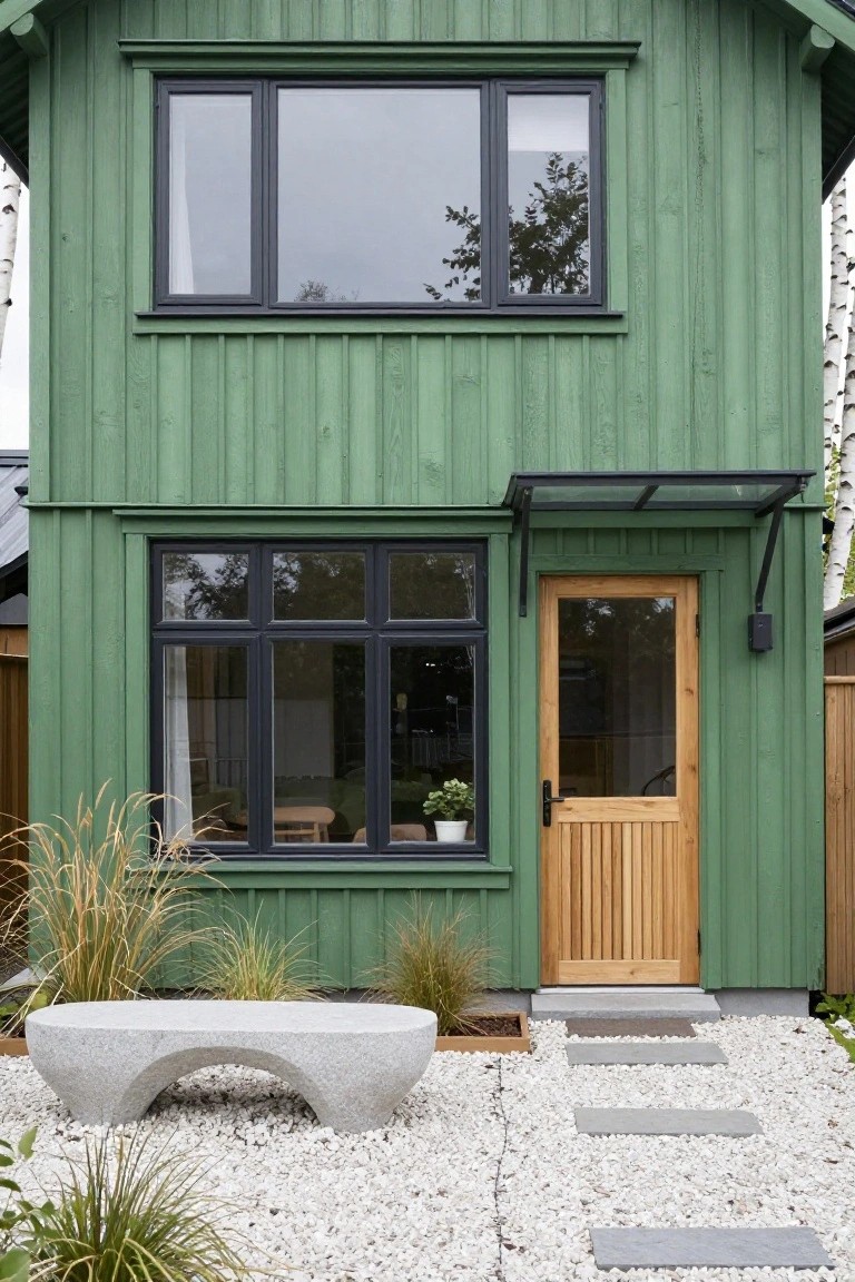 A two-story house with green vertical board-and-batten siding, black-framed windows, a wooden front door under a glass canopy, curved stone bench, ornamental grasses, and stepping stones on white gravel.