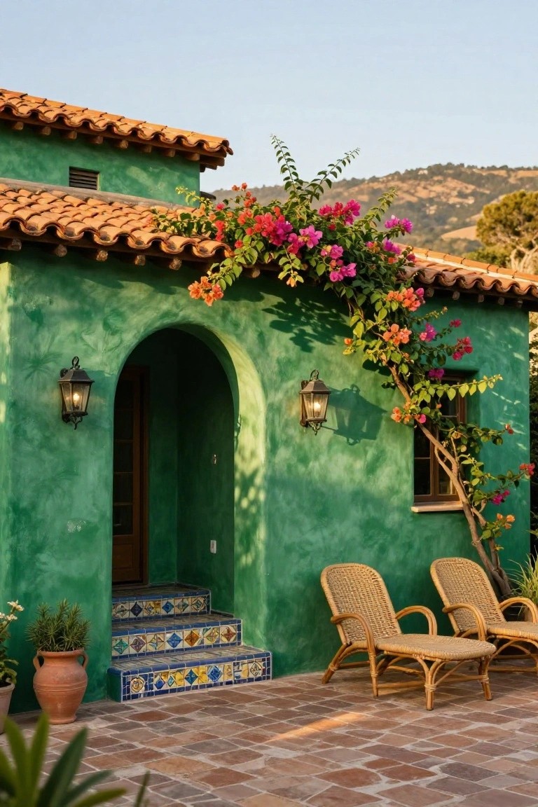 Emerald green stucco house with terracotta tile roof, pink bougainvillea vines climbing the walls, arched wooden entry door with tiled steps, lanterns on either side, two wicker chairs on terracotta paver patio, potted plants nearby, and hills in background.