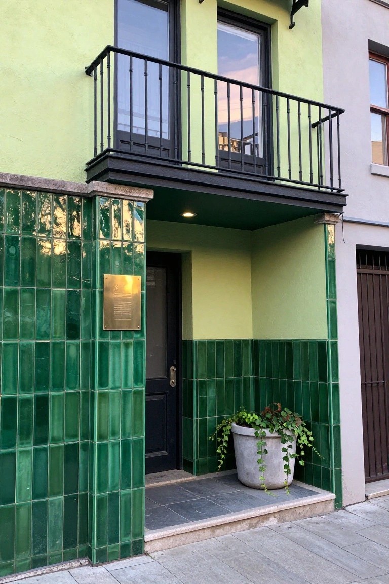 House exterior with emerald green glossy rectangular tiles cladding the entryway pillars and walls around a black front door, lime green painted walls, black metal balcony above, and a white pot with trailing plant on the step.