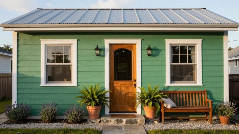 Small emerald green shingled house with white trim, gabled metal roof, covered front porch with wooden arched door, lanterns, bench, potted ferns, lavender plants, and gravel driveway.