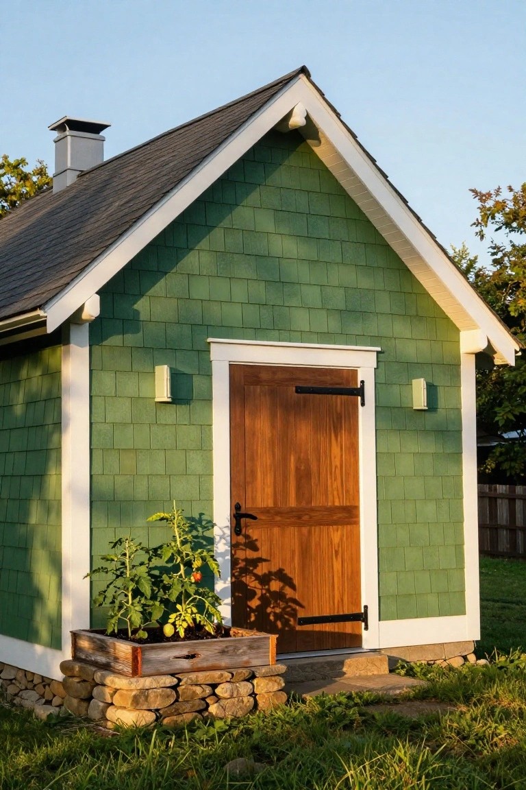 Small green shingled shed with dark wood double door, white trim, wall-mounted lights, chimney, and wooden planter box containing tomato plants on stone base in grassy yard.