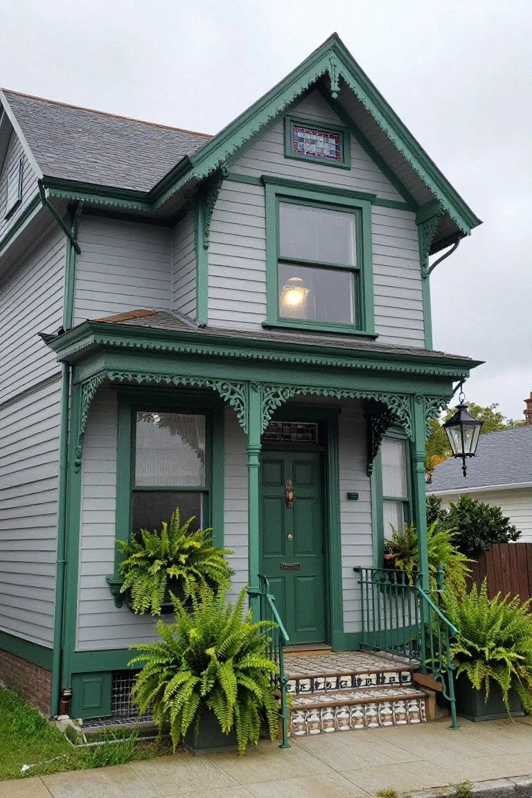 Two-story gray shingle house with emerald green trim on porch, door, windows, and brackets, flanked by hanging ferns and potted plants on a street-side sidewalk.