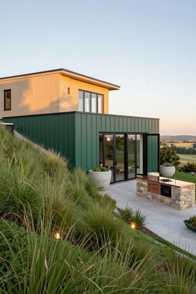 Modern two-story house with yellow-toned wood cladding on top and dark green corrugated metal siding on the bottom, built into a grassy hillside with a stone patio, outdoor kitchen, and large glass doors.