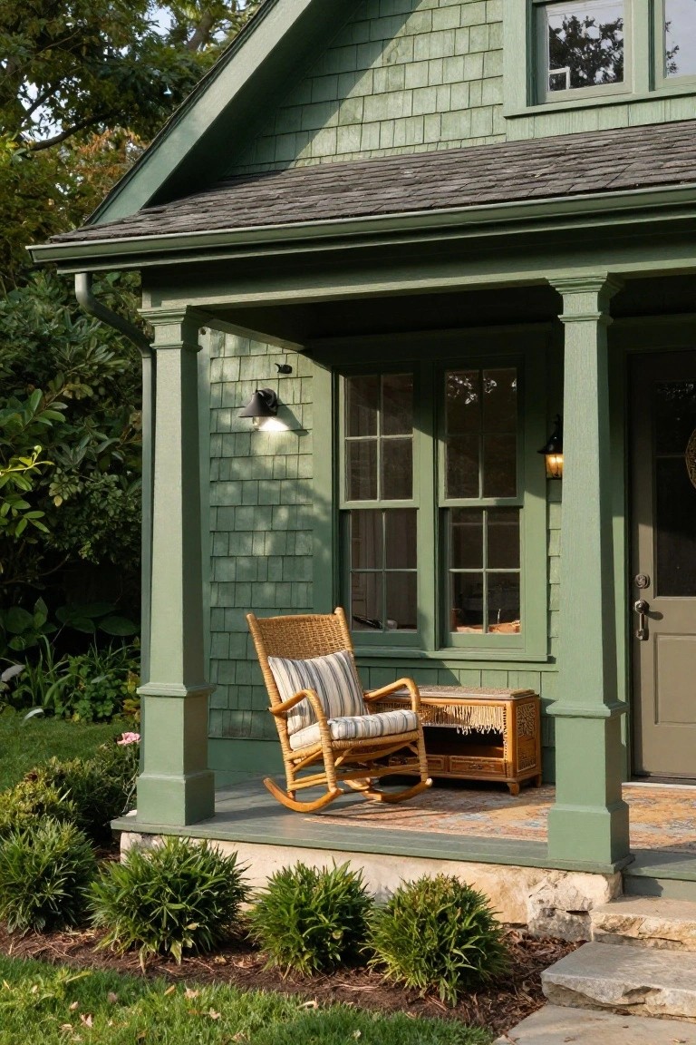 Emerald green shingle-style house exterior with covered front porch, wicker rocking chair and side table, green-shuttered windows, and boxwood shrubs along the foundation leading to stone steps.