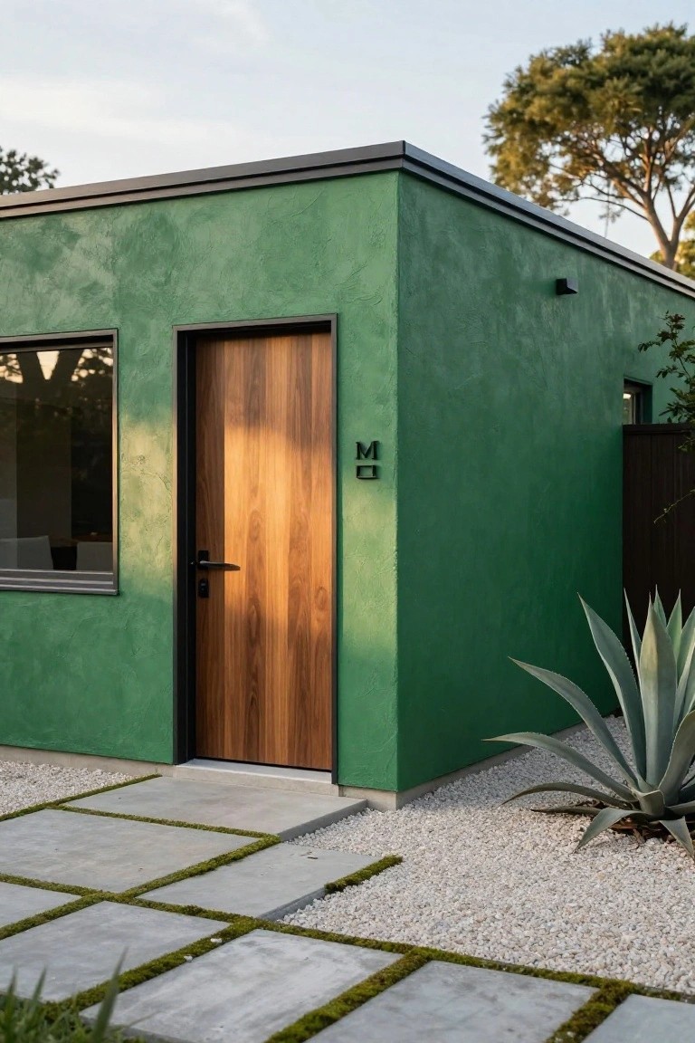 Corner view of an emerald green stucco building featuring a walnut wood entry door, black-framed window, black 