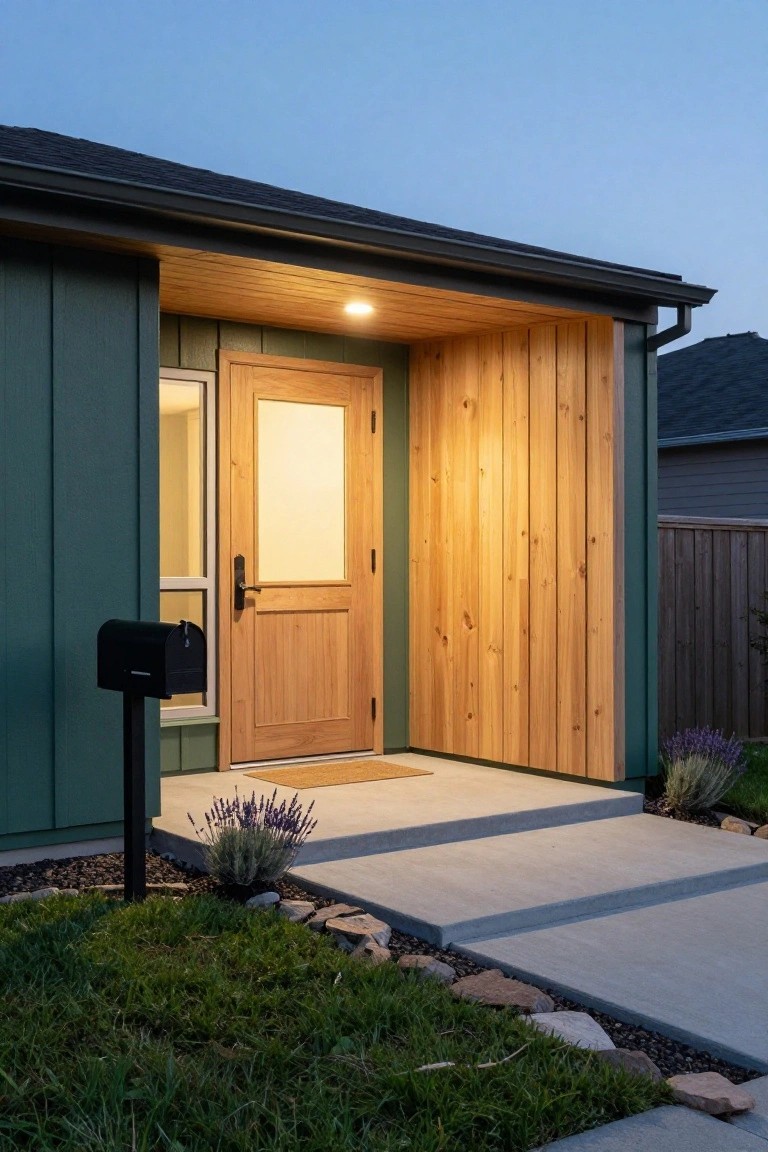 Front exterior of a house with dark green vertical siding, light wood front door and sidelight, wood shiplap porch covering with recessed light, black mailbox on post, concrete entry steps, lavender plants, gravel beds, and grass at dusk.