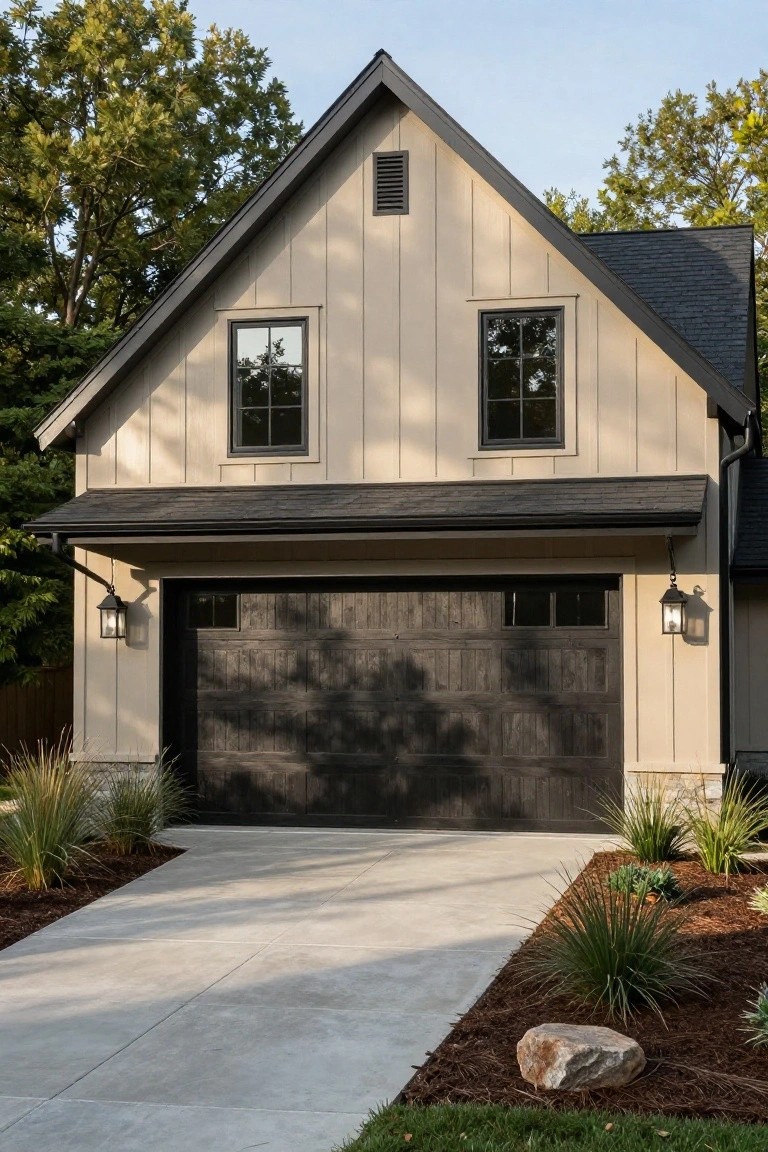 A house exterior featuring light beige board-and-batten siding, black-framed windows, dark wood garage door, black roof, lantern lights, concrete driveway, and ornamental grasses with mulch beds.
