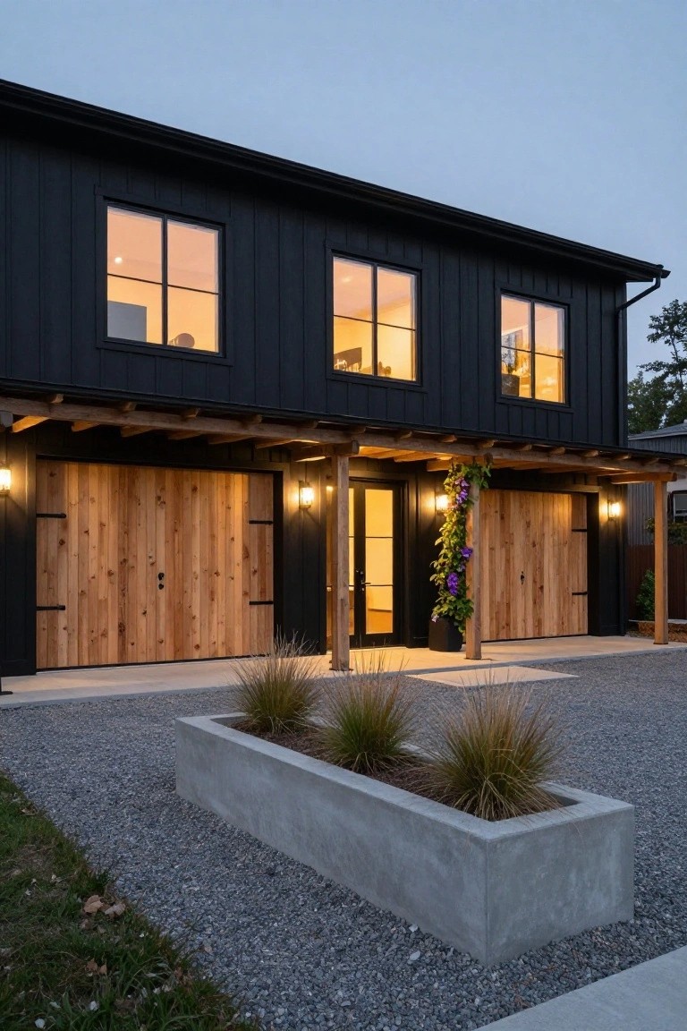 Black board-and-batten sided house exterior featuring black-framed windows, two wooden garage doors, glass front door, climbing purple flowers on wood post, potted grasses, gravel driveway, and dusk lighting.