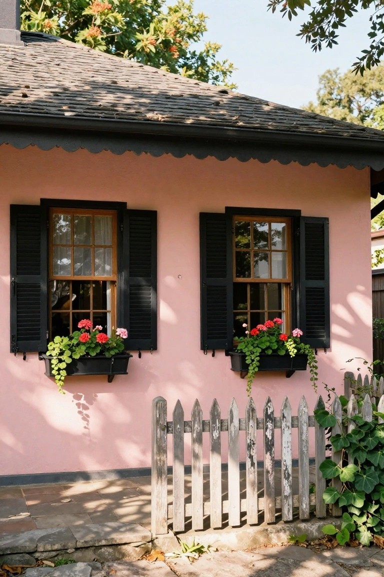 Pink house exterior wall with two black-shuttered windows, each with black flower boxes containing red geraniums and trailing greenery, weathered white picket fence, stone path, and surrounding trees and plants.