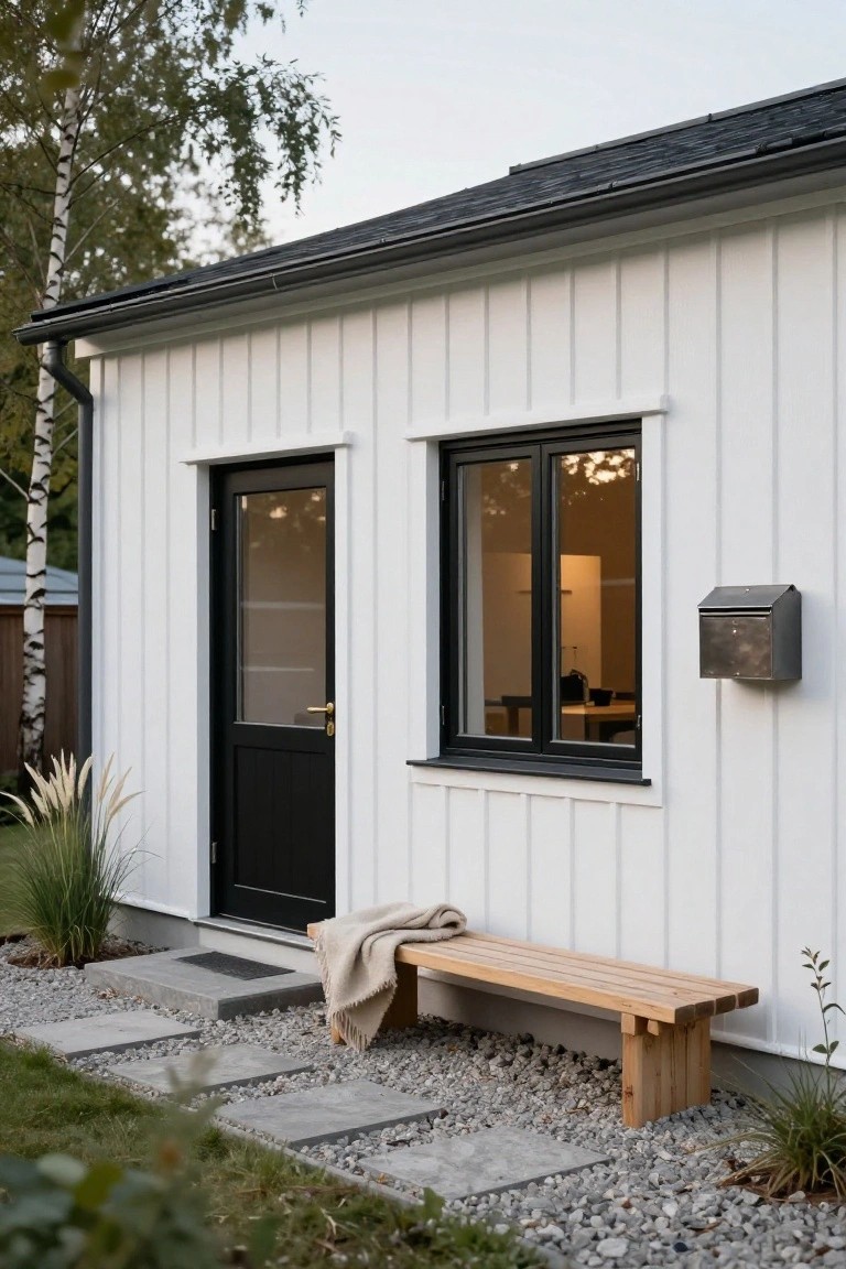 Small white vertical board-and-batten shed with black-framed glass door and window, wooden bench with blanket on gravel path edged by stone steps, ornamental grasses, and birch trees nearby.